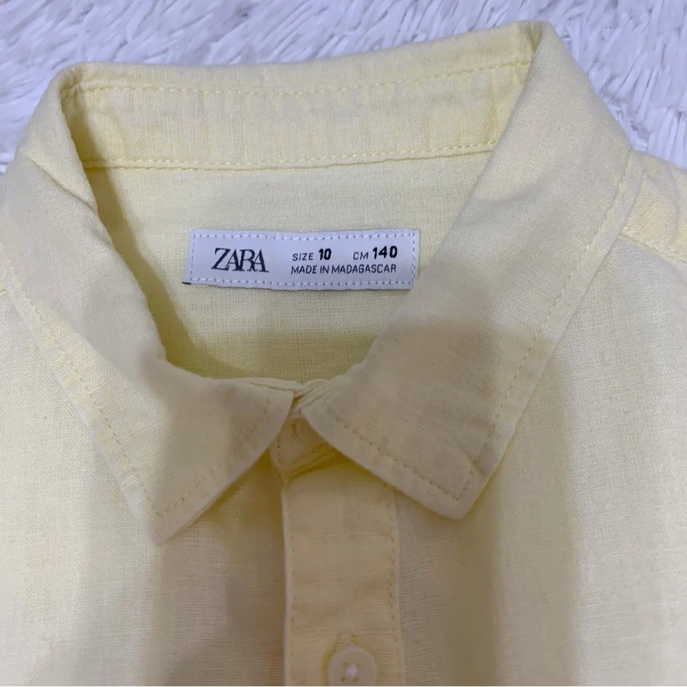 Zara boy's Short Sleeve linen blend button‎ up Shirt in light yellow